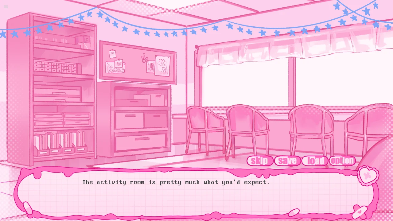 Sunlit hospital activity room with art supply shelves and bulletin board sketches in Diagnosis Lovesick on MartinFighters