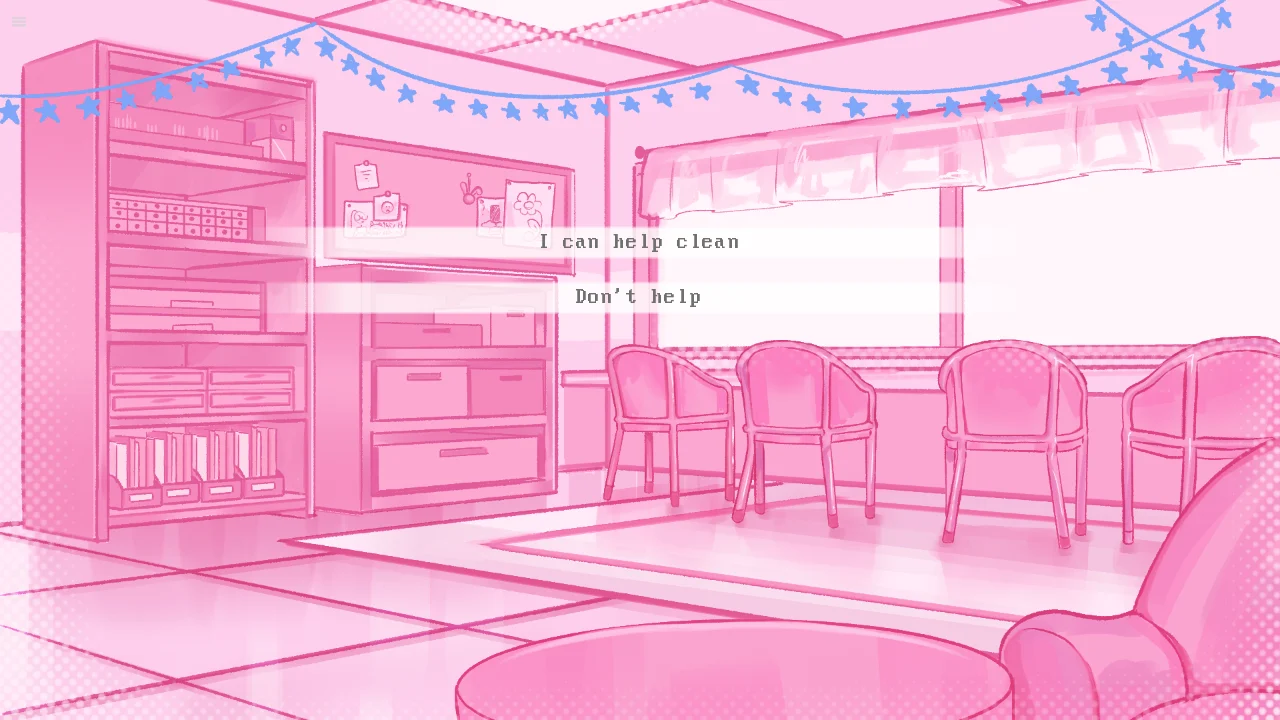 Branching dialogue choice between helping clean spilled batter and refusing in Diagnosis Lovesick