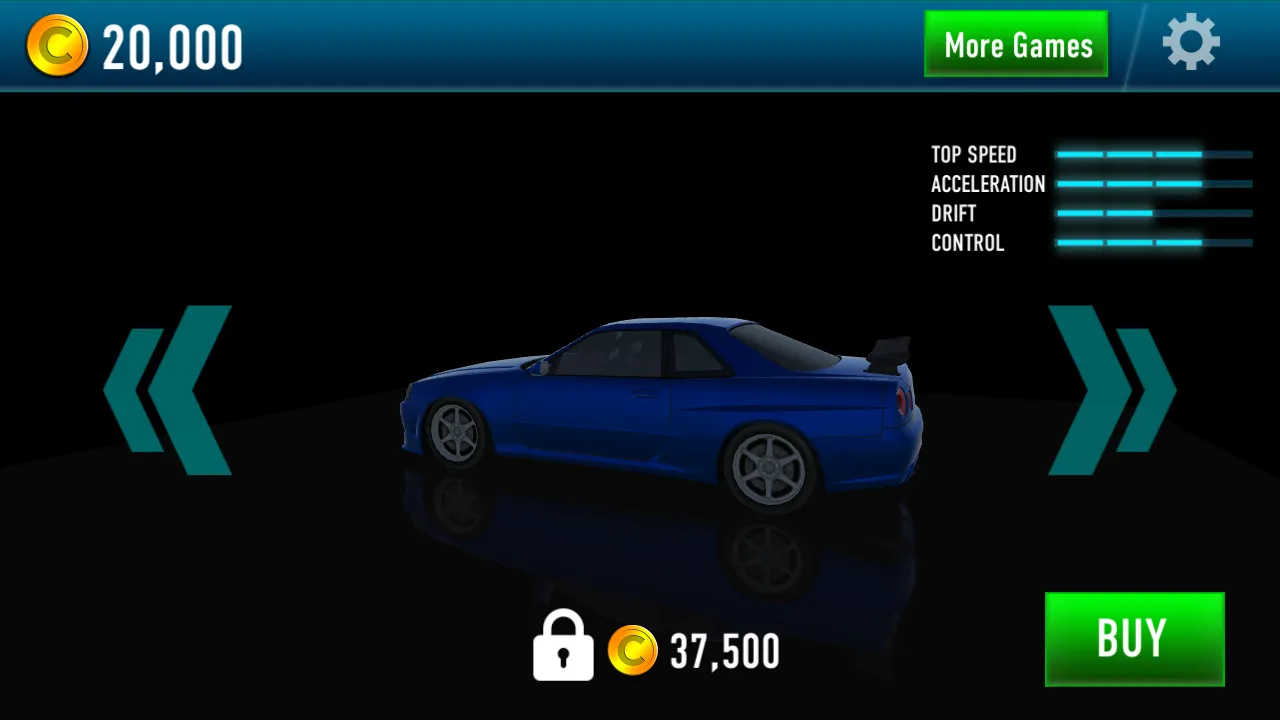 Drift Rush garage showing a locked blue sports car priced at 37,500 coins