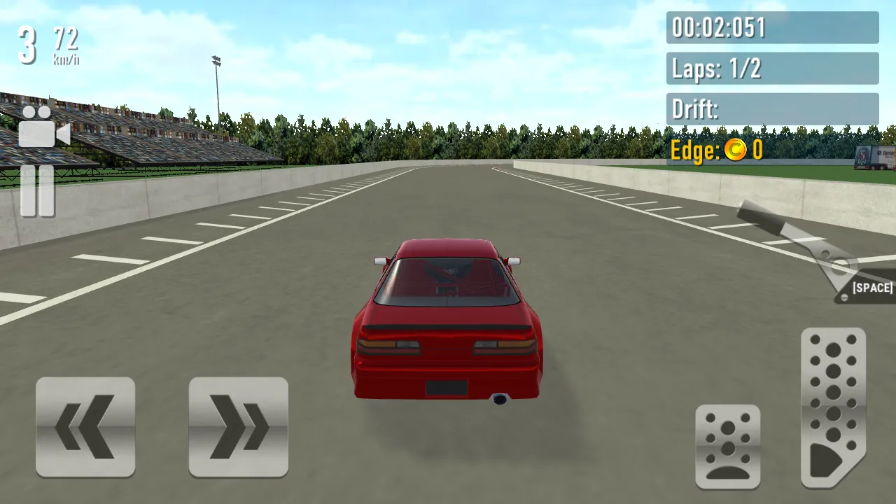 Red car leaving the start line on the asphalt circuit with the lap timer running