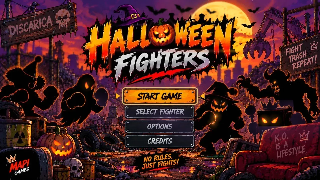 Halloween Fighters title screen with Start Game, Select Fighter, Options, and Credits over a crowd of Halloween monsters