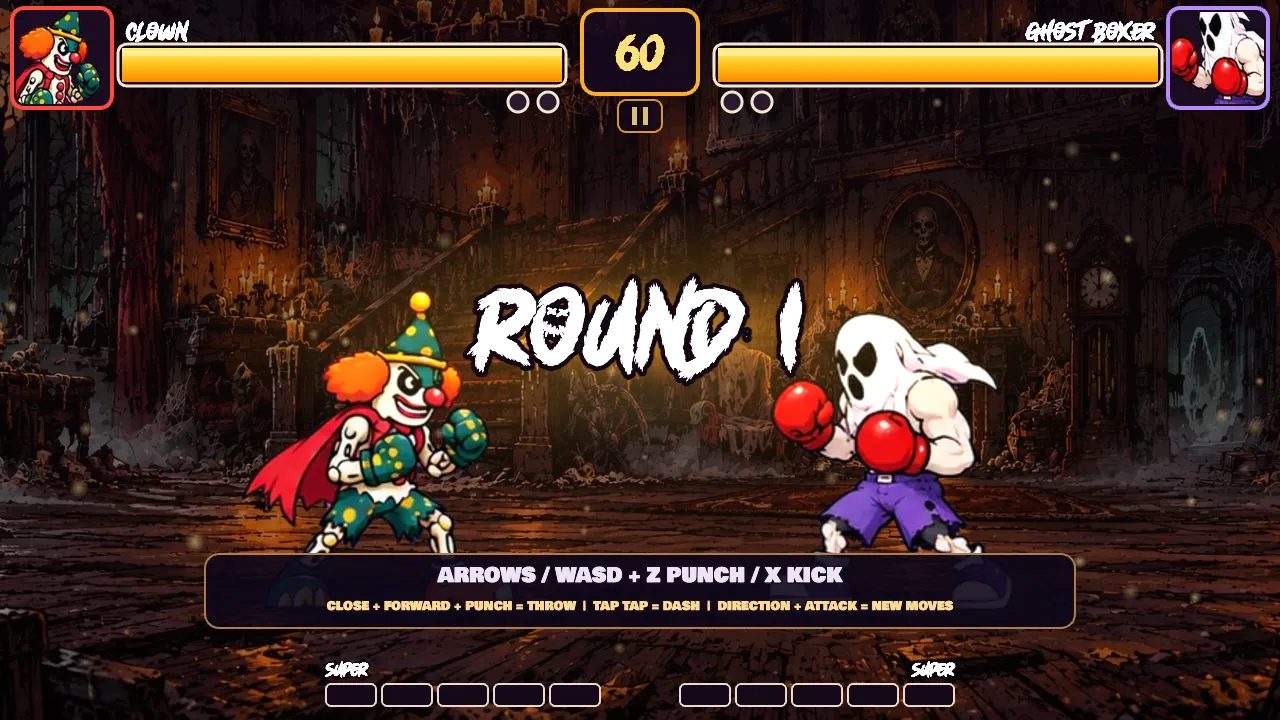 Halloween Fighters Round 1 between the Clown and a ghost boxer with health bars, round timer, and control hints