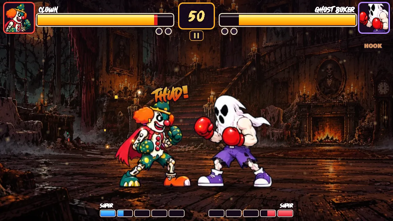 Halloween Fighters Clown landing a hit on the ghost boxer with a THUD comic effect in a haunted arena