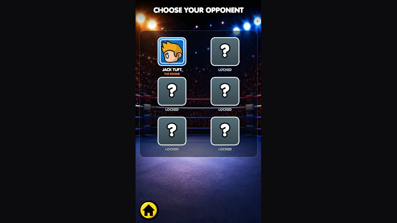 Mini Boxing Final Round Choose Your Opponent screen with Jack Tuft The Rookie unlocked and five locked rivals