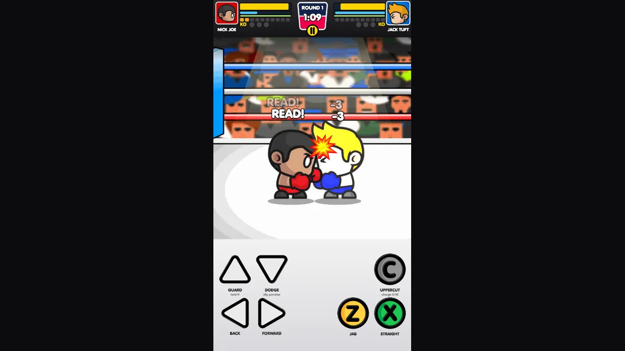 Mini Boxing Final Round Nick Joe landing a punch on Jack Tuft with an impact burst, damage numbers, and the round timer