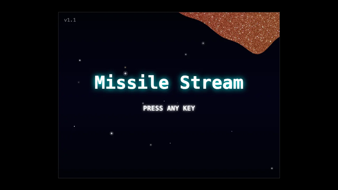 Missile Stream v1.1 arcade title screen with glowing cyan lettering on Martin Fighters
