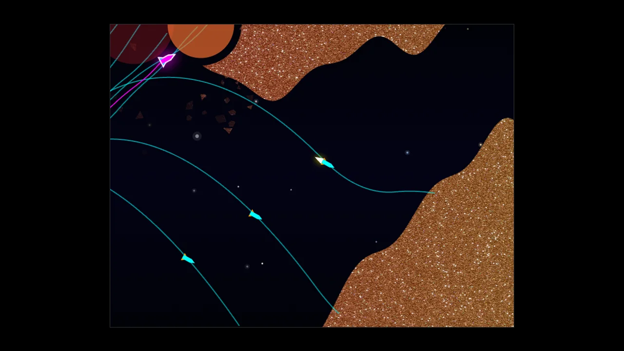 Magenta lead missile escorted by cyan and orange ghost rockets in Missile Stream