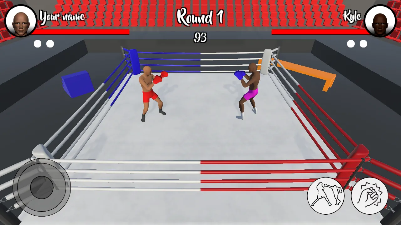 PunchMaster Round 1 in progress with both boxers squaring off, health bars, and round timer at the top