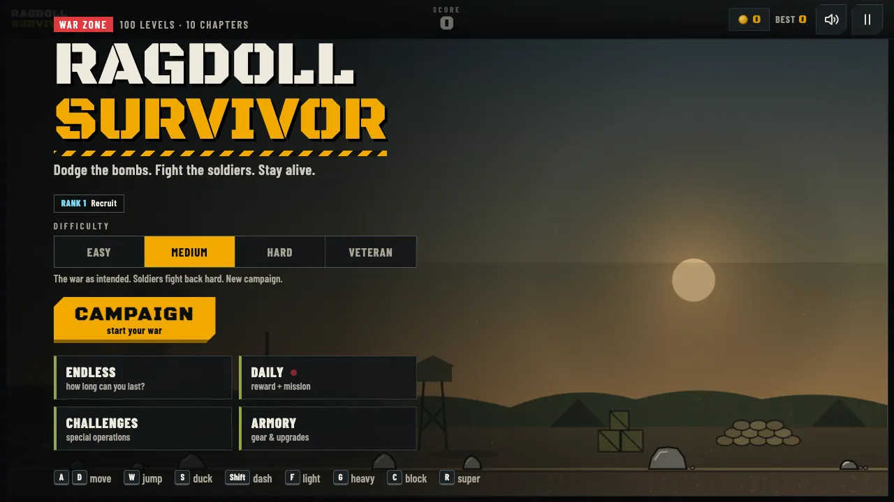 Ragdoll Survivor title screen with difficulty options, Campaign, Endless, Daily, Challenges, and Armory menus