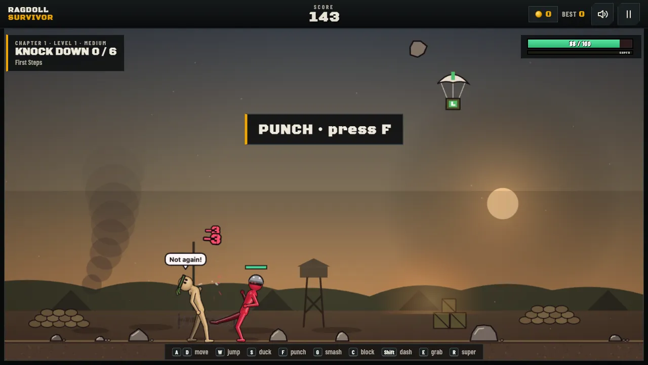 Ragdoll Survivor first mission with a Knock Down objective and a red enemy soldier approaching the stick fighter
