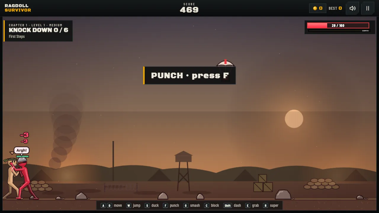 Ragdoll Survivor stick fighter trading punches with a soldier while the score and health bar update at the top