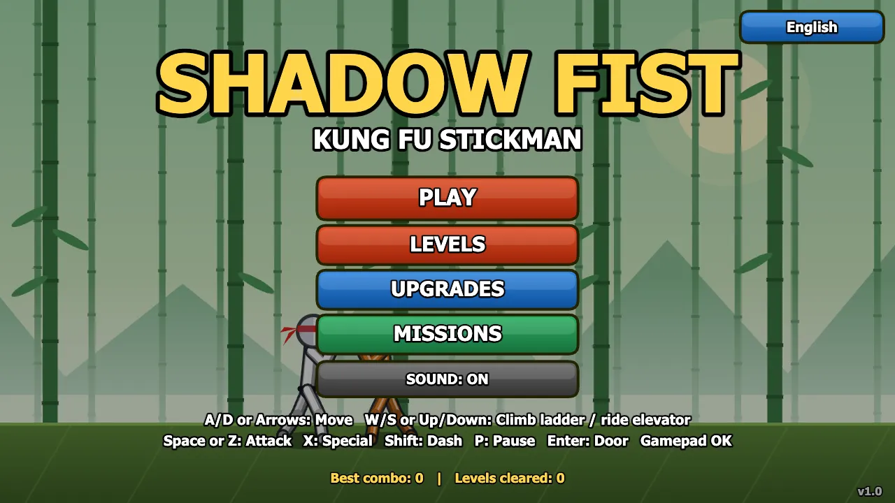 Shadow Fist Kung Fu Stickman title screen with Play, Levels, Upgrades, Missions, and Sound buttons in a bamboo forest