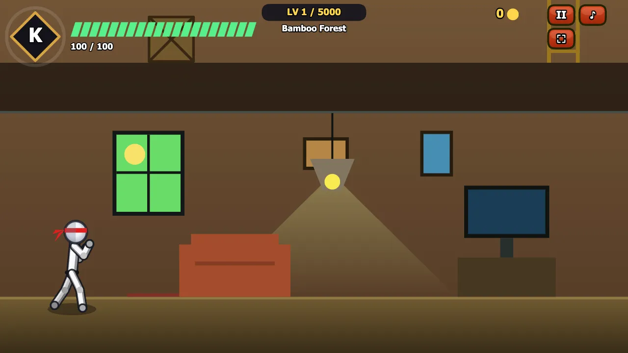 Shadow Fist Kung Fu Kai standing in a building room with the level counter, Bamboo Forest location, and health bar at the top