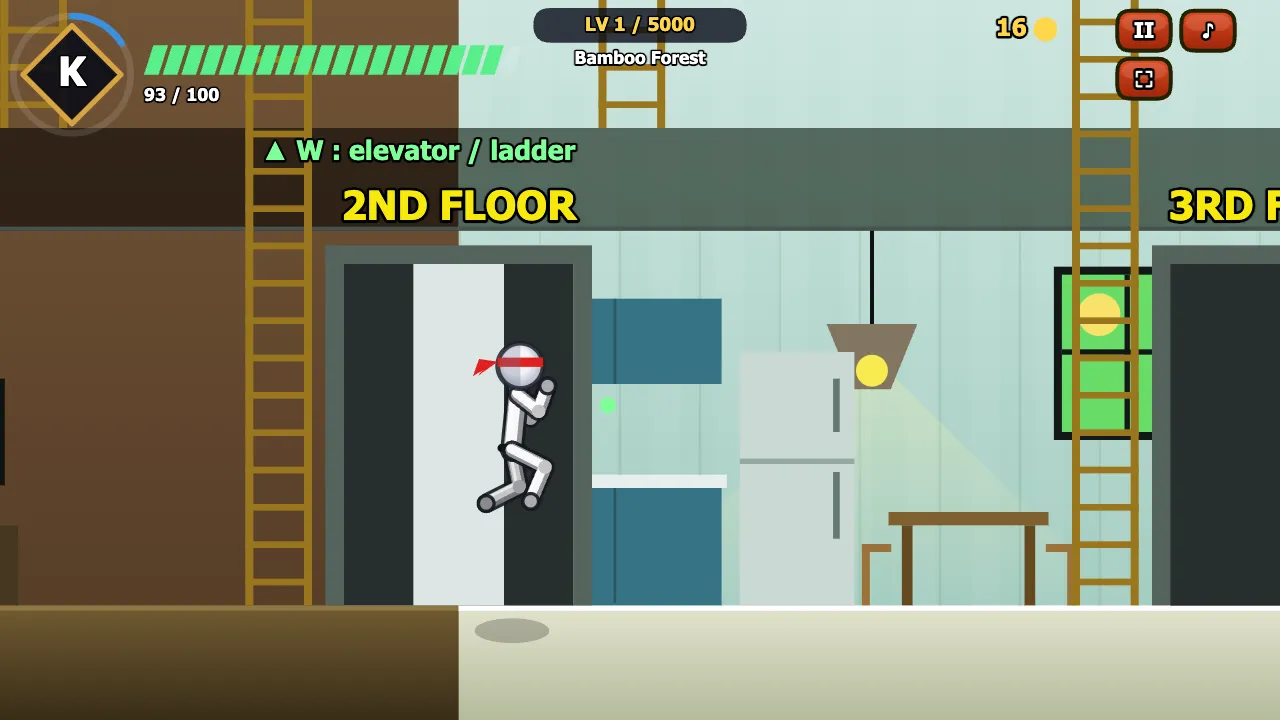 Shadow Fist Kung Fu Kai moving between floors past an elevator and ladder with the W elevator hint on screen