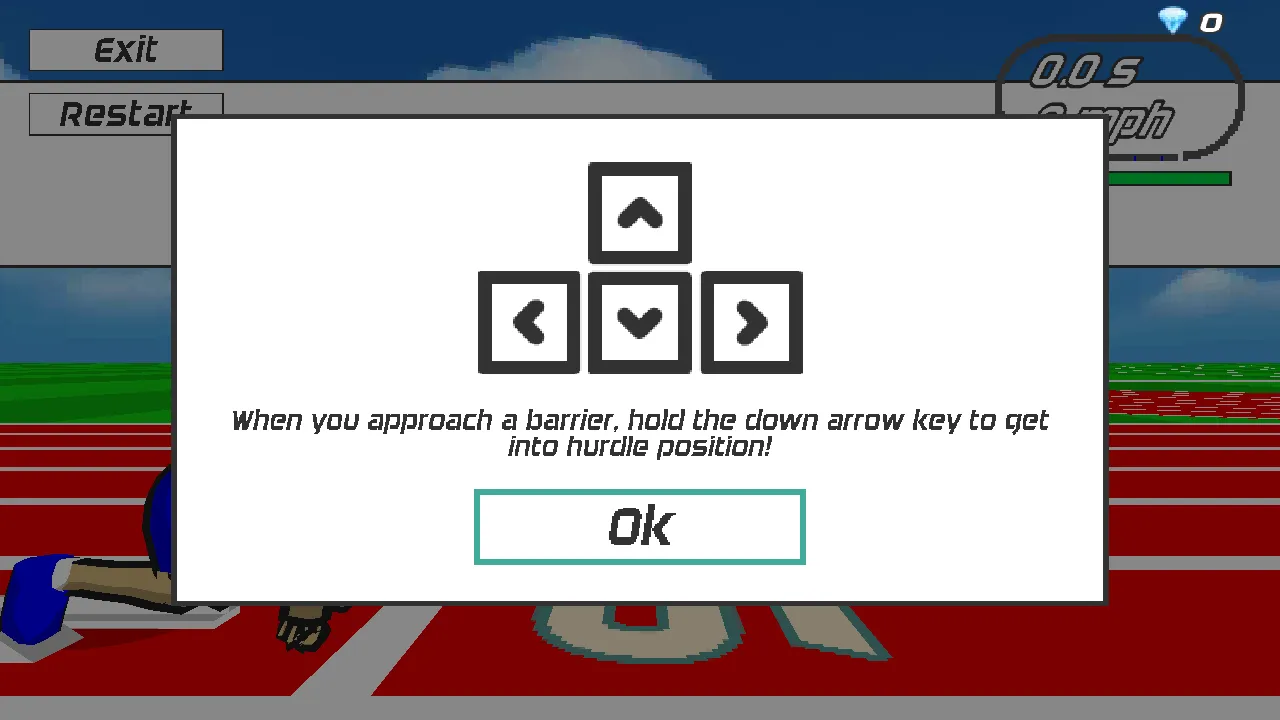 Speed Stars hurdle tutorial popup telling players to hold the down arrow when approaching a barrier on Martin Fighters