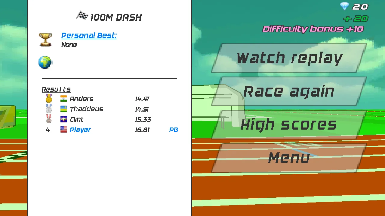 Speed Stars results screen showing difficulty bonus gems after a finished race