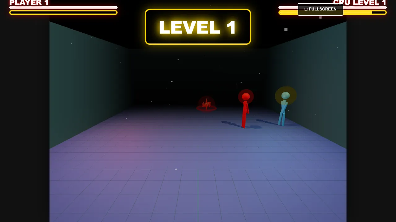 Stickman Fighter 3D Level 1 fight between a red stickman and a blue stickman in a 3D arena with health bars
