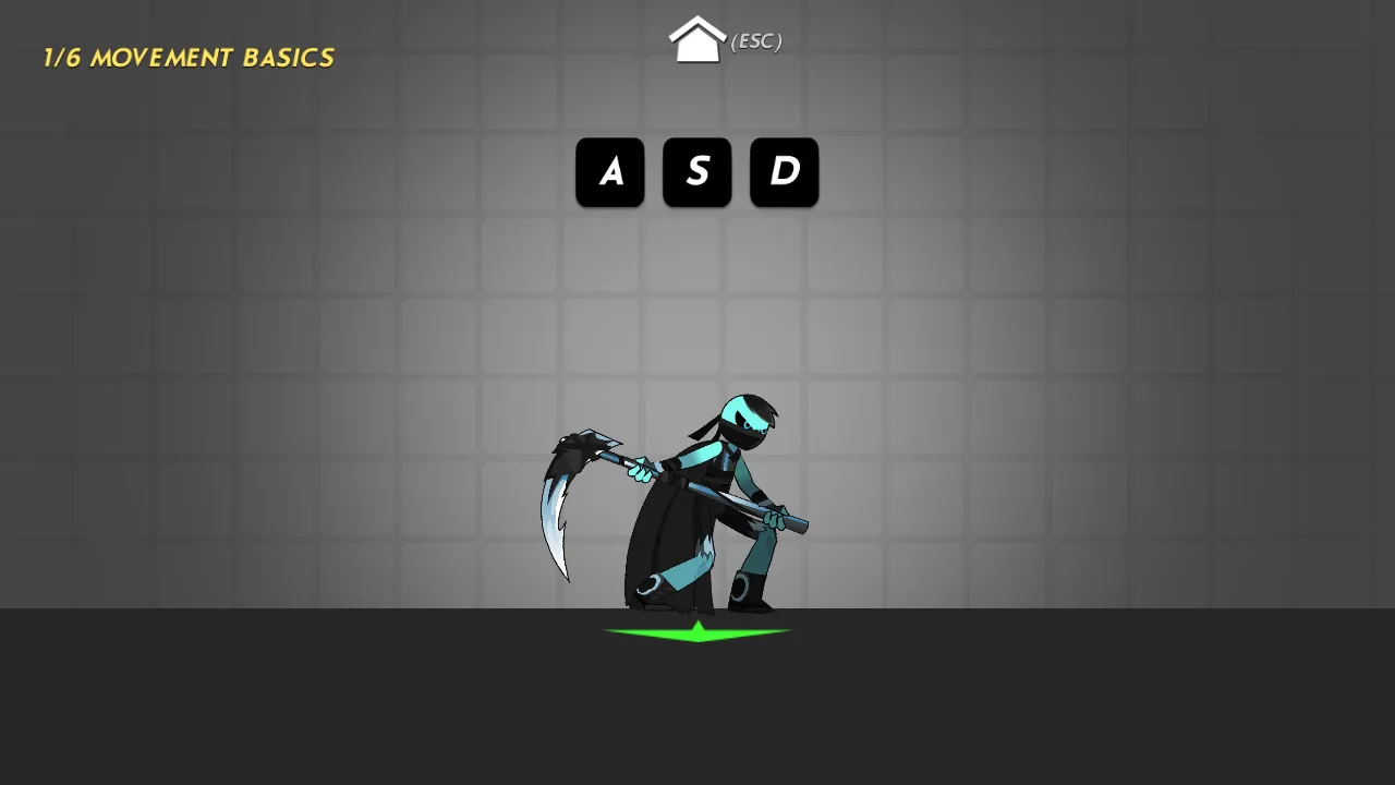 Stickman Kombat 2D movement tutorial showing the Reaper stickman with the A, S, and D key prompts