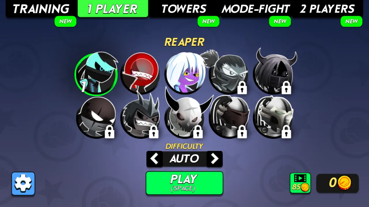 Stickman Kombat 2D fighter select screen with Training, 1 Player, Towers, Mode-Fight, and 2 Players tabs and the Reaper selected