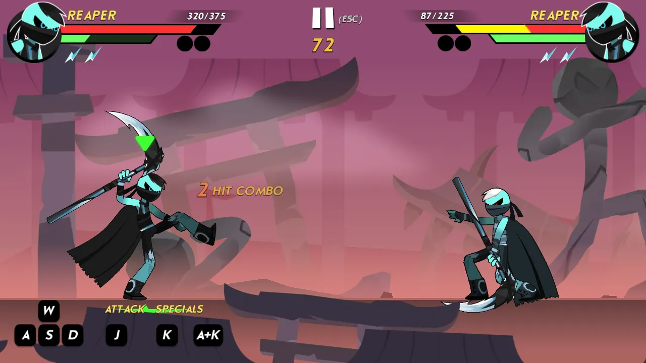 Stickman Kombat 2D stickman fighters clashing in a 2D arena during a one-on-one match