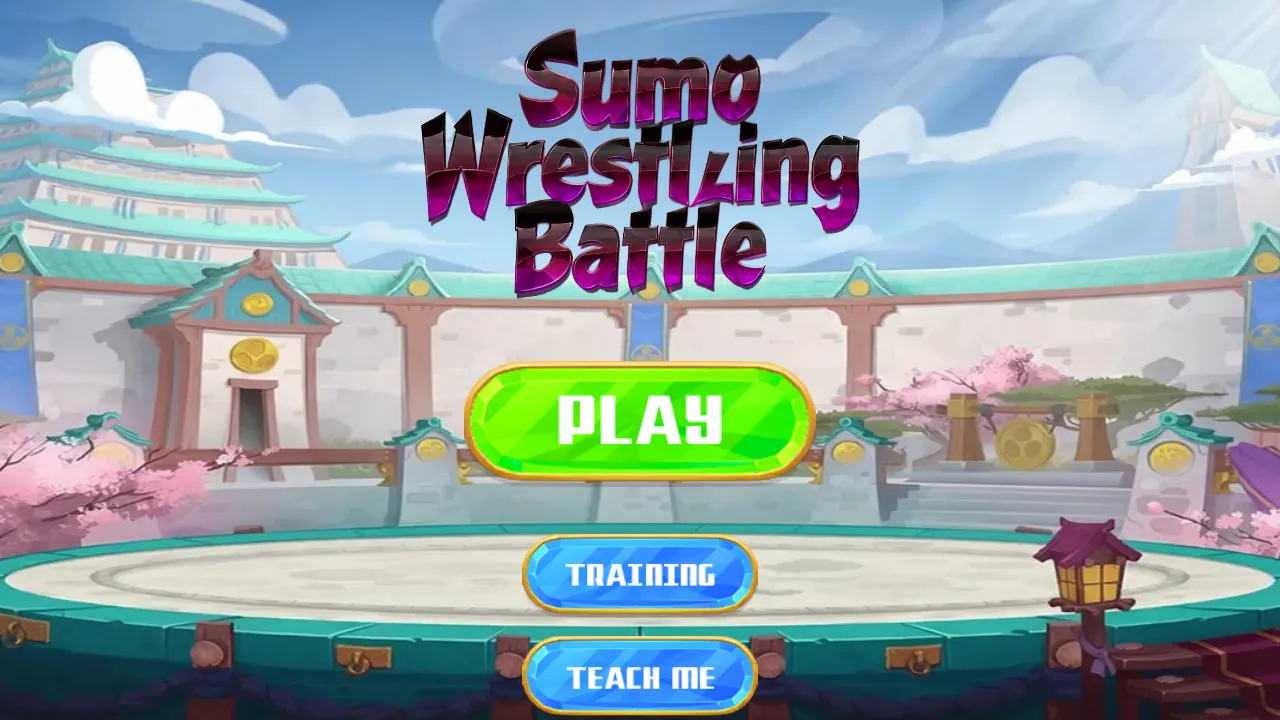Sumo Wrestling Battle title screen with the Play, Training, and Teach Me buttons in front of a Japanese temple