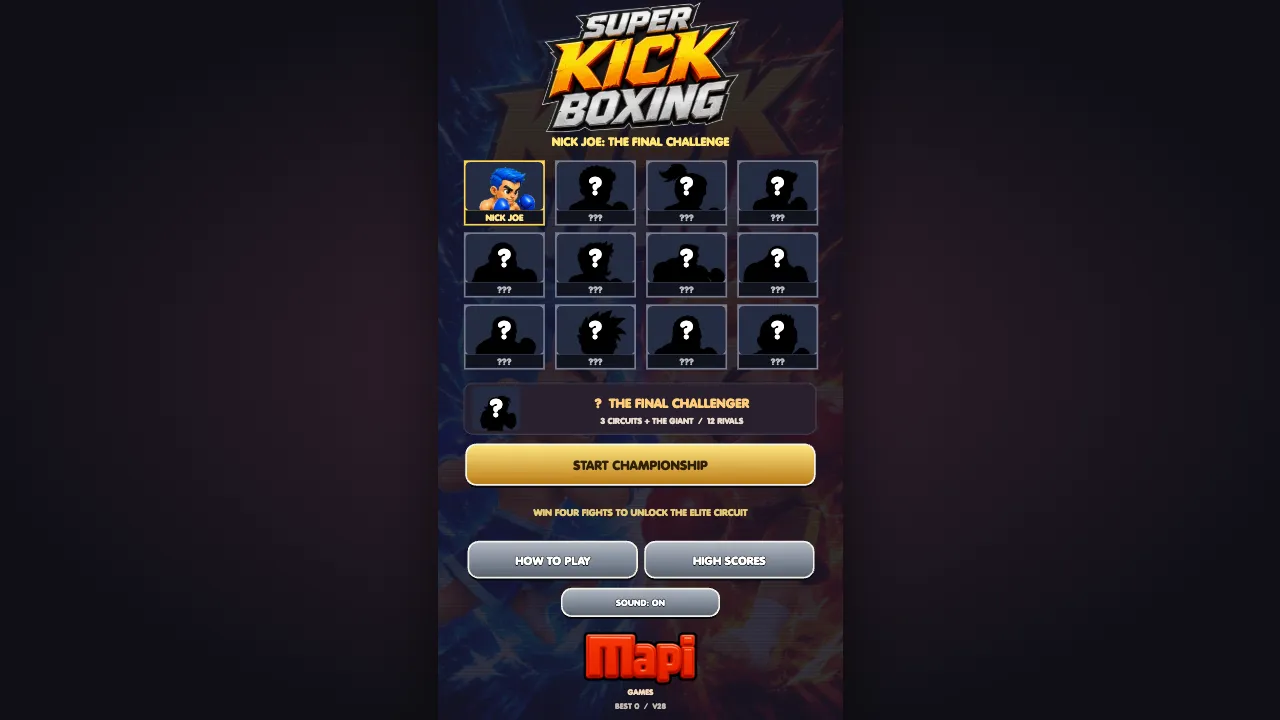 Super Kick Boxing championship menu with Nick Joe, locked rivals, The Final Challenger, and the Start Championship button