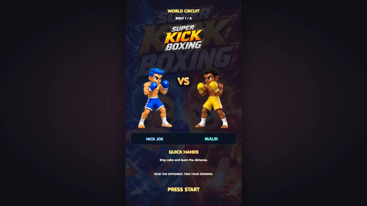 Super Kick Boxing World Circuit bout 1 of 4 versus screen with Nick Joe against Malik and the Quick Hands scouting tip