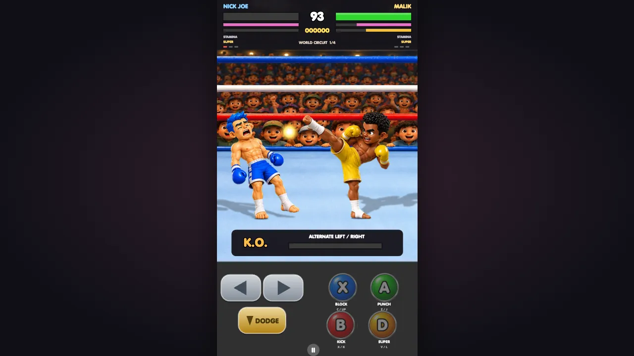 Super Kick Boxing Malik landing a high kick on Nick Joe in the ring with health, stamina, and super bars at the top